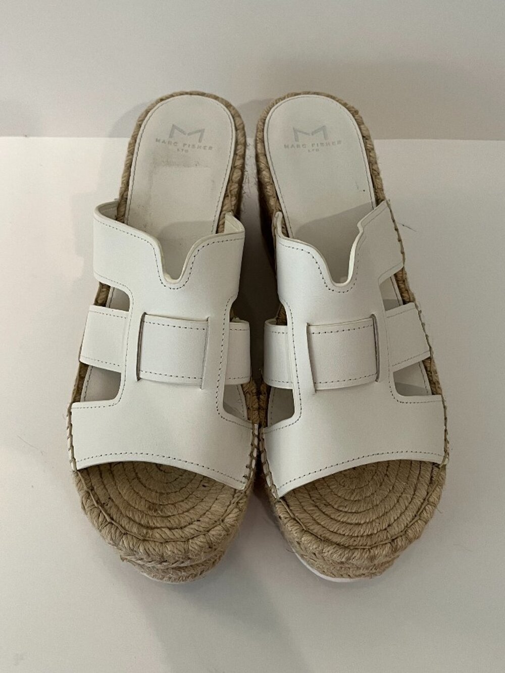 Marc Fisher Robbyn White Leather Jute Espadrille Platform Wedge Sandals Size 11M
